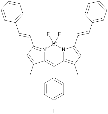 1,7-Dimethyl-3,5-bis(phenylethenyl)-8-(4-iodophenyl)-4,4-difluoboradiazasindacene,cas:1256917-88-0